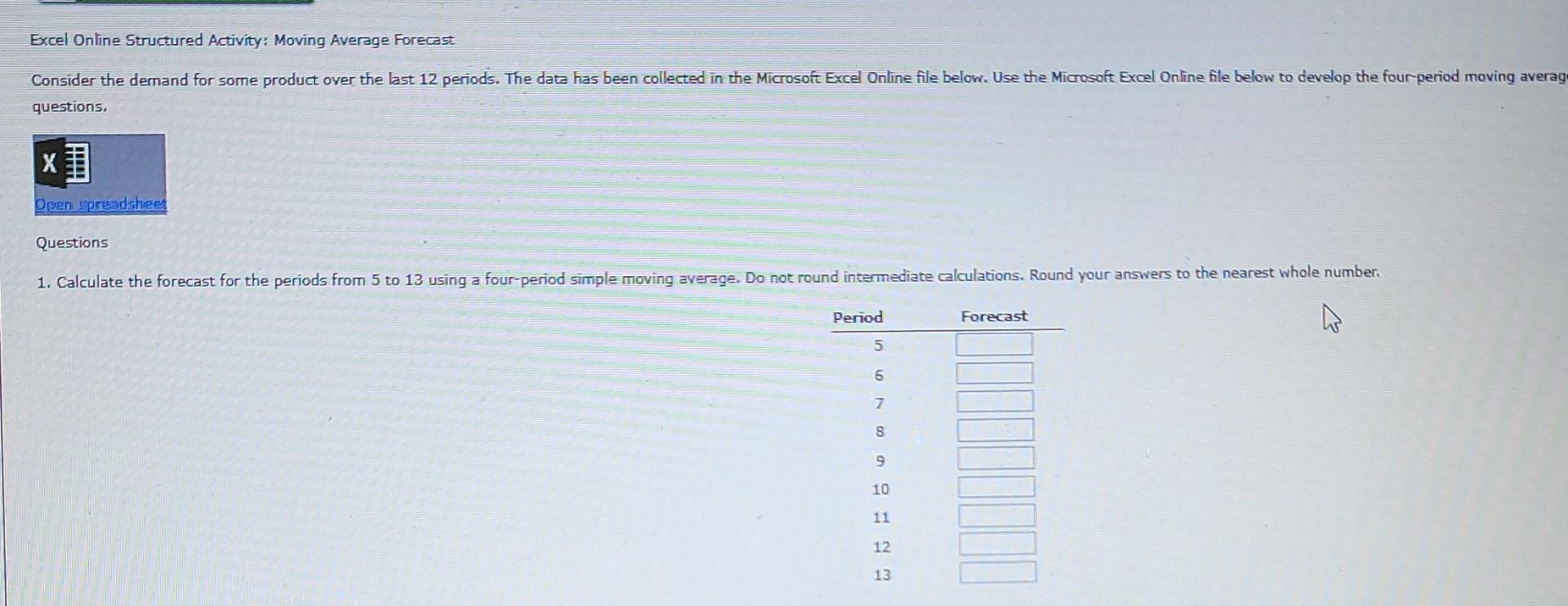 Excel Online Structured Activity: Moving Average