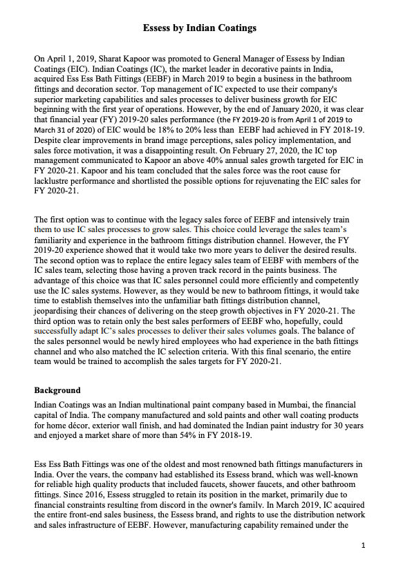 Based on the case study Essess by Indian Coatings