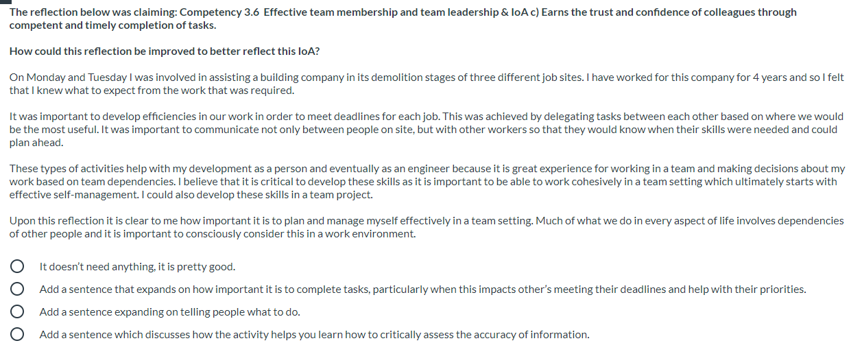 The reflection below was claiming: Competency 3.6