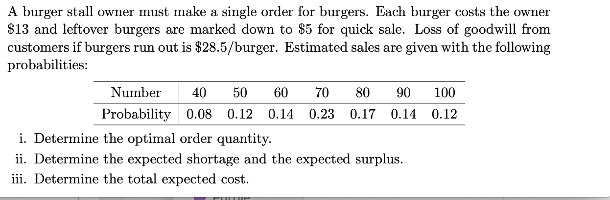 A burger stall owner must make a single order for