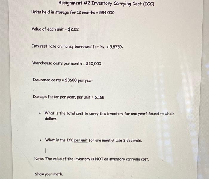 Assignment #2 Inventory Carrying Cost (ICC) Units