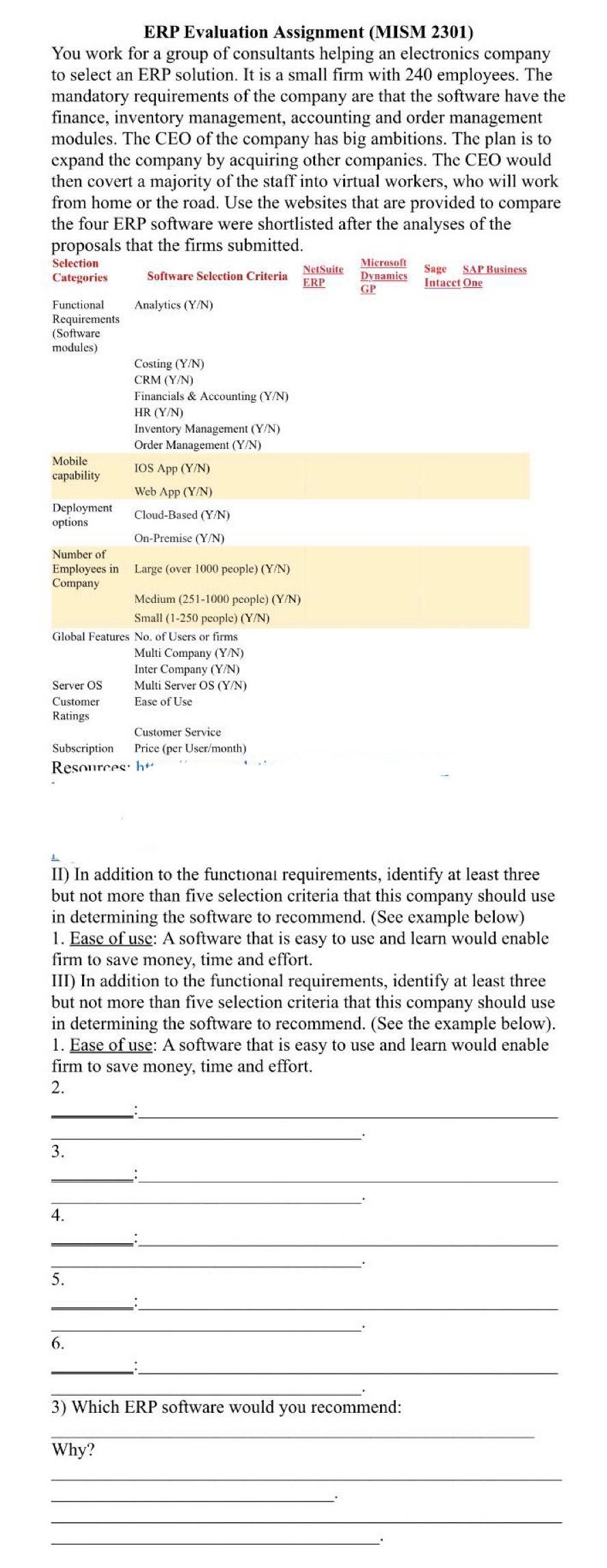 ERP Evaluation Assignment (MISM 2301) You work