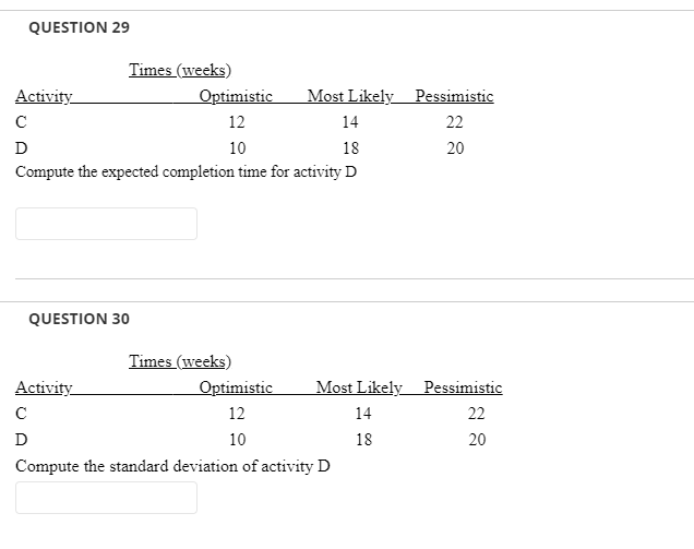 QUESTION 29 Pessimistic Times (weeks) Activity