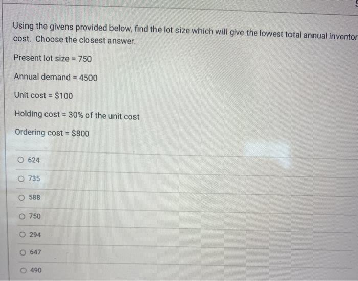 Using the givens provided below, find the lot