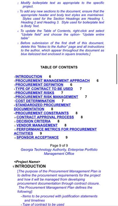 Describe a Procurement Plan (1 page) based off of