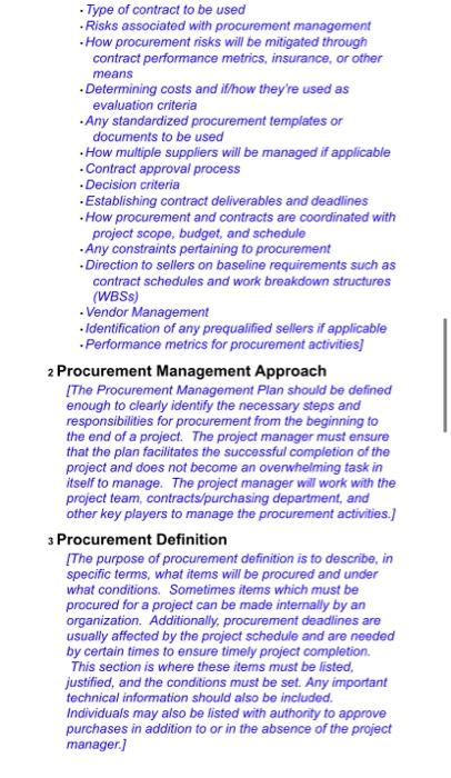 Describe a Procurement Plan (1 page) based off of