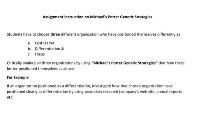 Assignment instruction on Michael's Porter