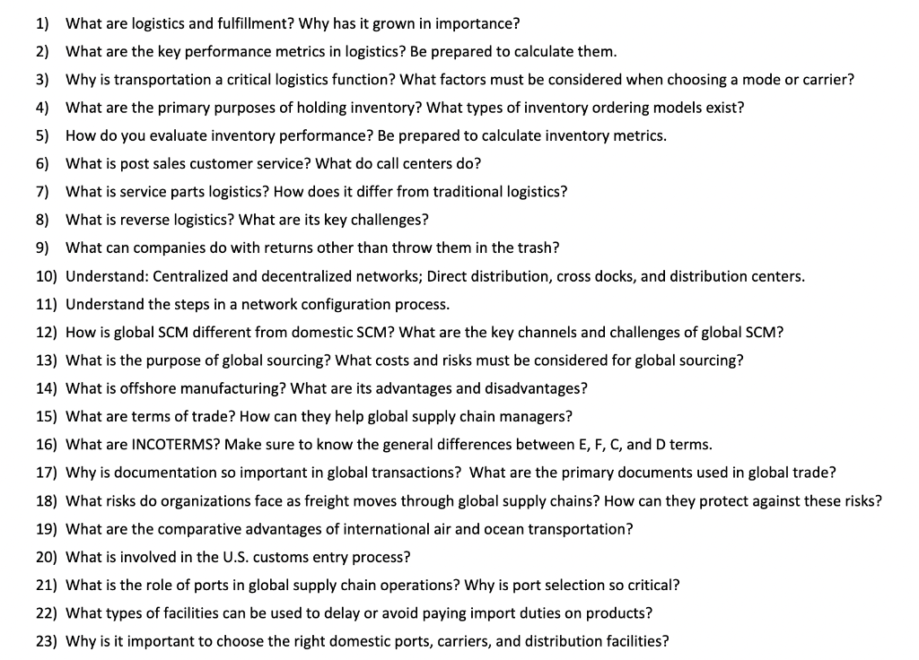 1) What are logistics and fulfillment? Why has it