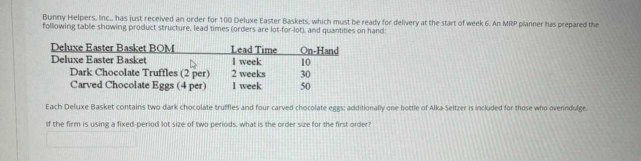 Bunny Helpers, Inc., has just received an order