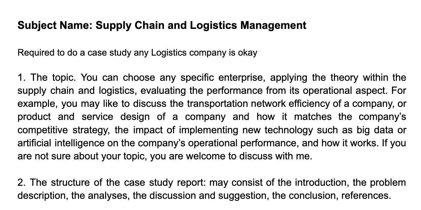 Subject Name: Supply Chain and Logistics