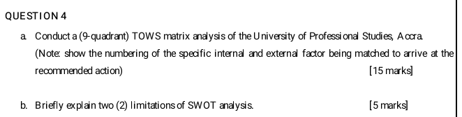 QUESTION 4 a Conduct a (9 quadrant) TOWS matrix