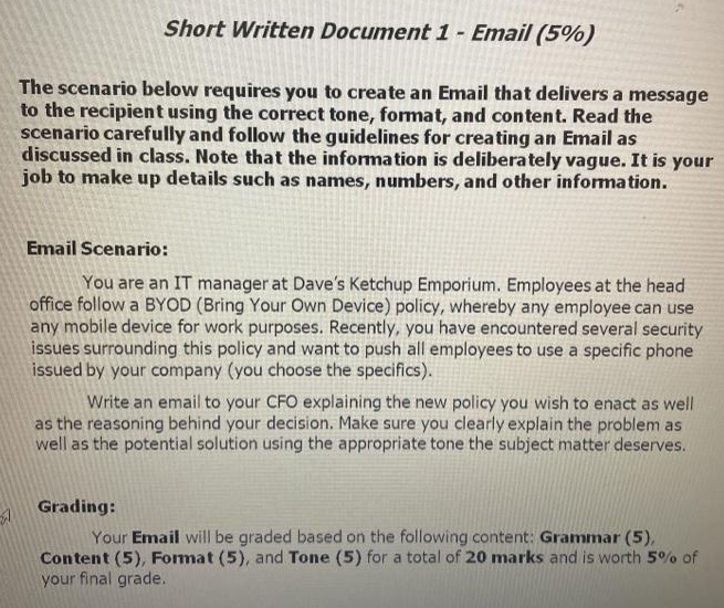 Short Written Document 1 - Email (5\%) The