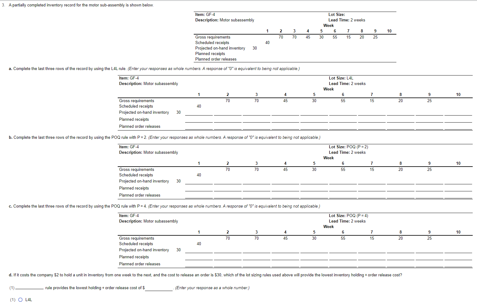 3. A partially completed inventory record for the