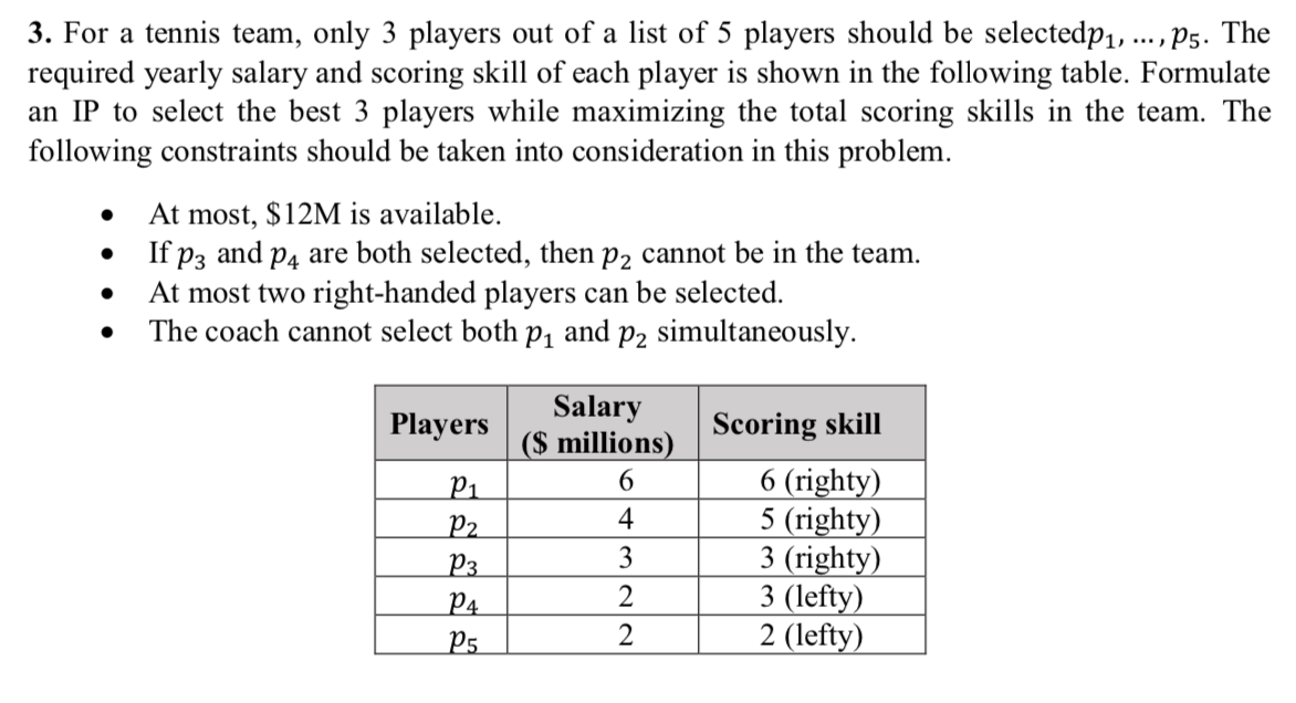 3. For a tennis team, only 3 players out of a