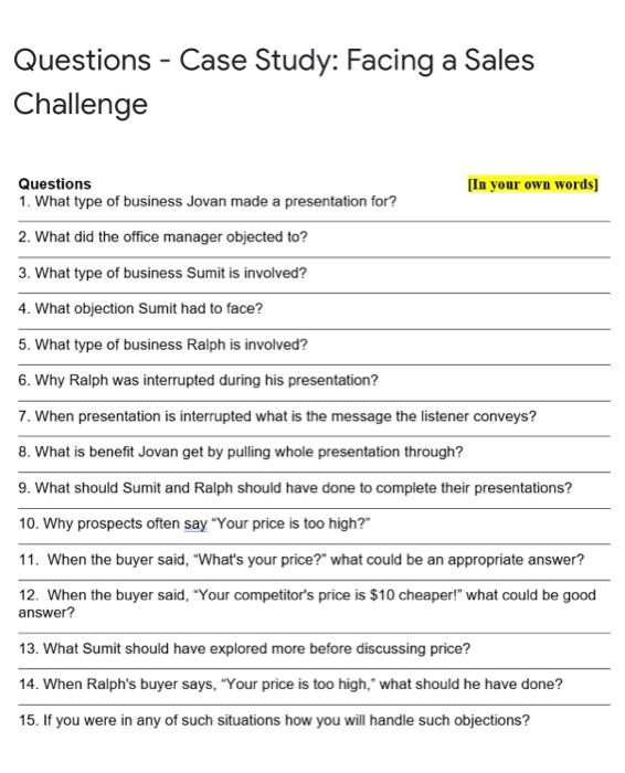 Questions - Case Study: Facing a Sales Challenge