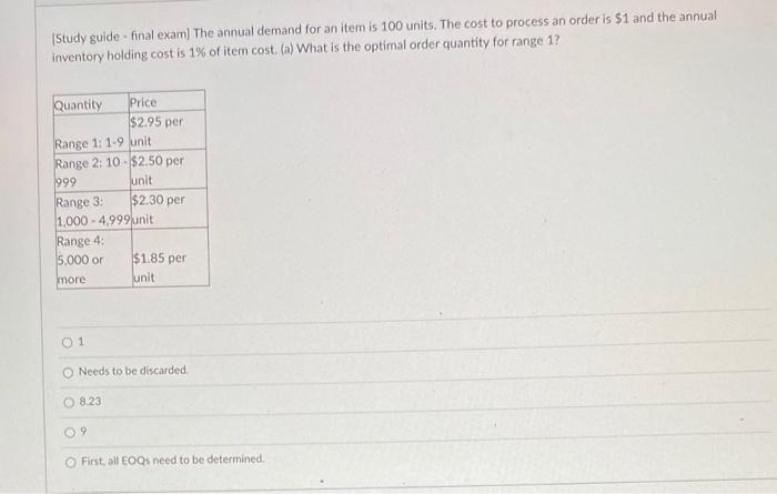 Study guide . final exam) The annual demand for