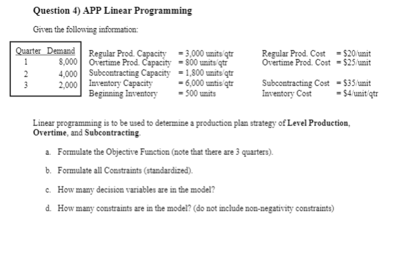 Question 4) APP Linear Programming Given the