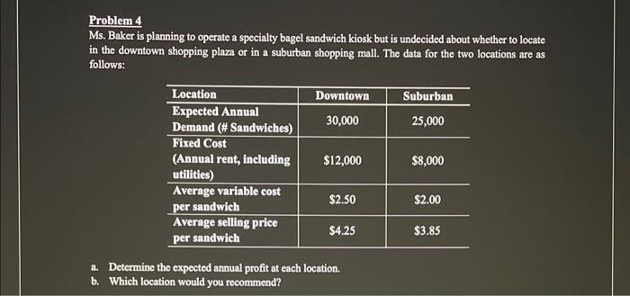 Problem 4 Ms. Baker is planning to operate a