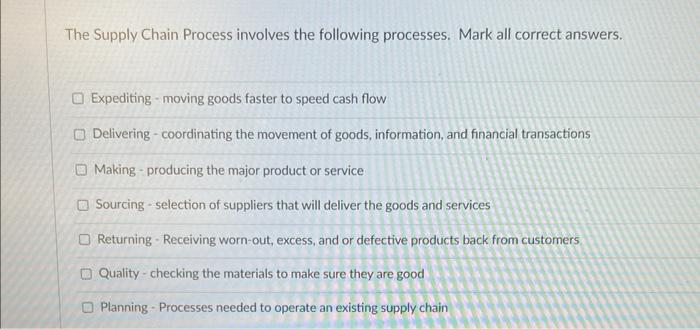 The Supply Chain Process involves the following
