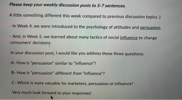 Please keep your weekly discussion posts to 5-7