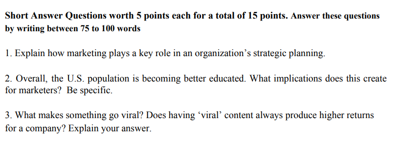 Short Answer Questions worth 5 points each for a