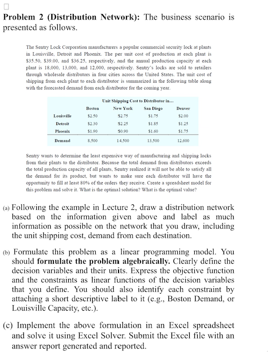 Problem 2 (Distribution Network): The business
