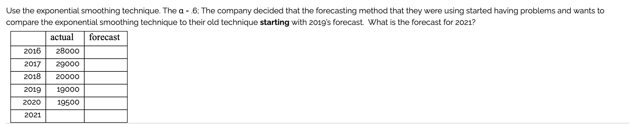 Use the exponential smoothing technique. The a =