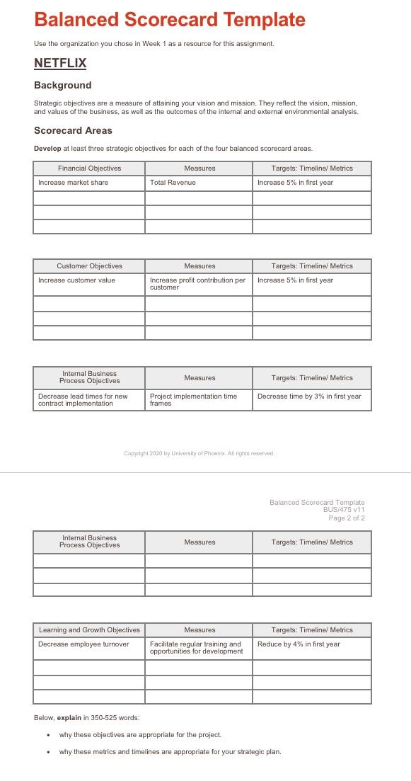 Balanced Scorecard Template Use the organization