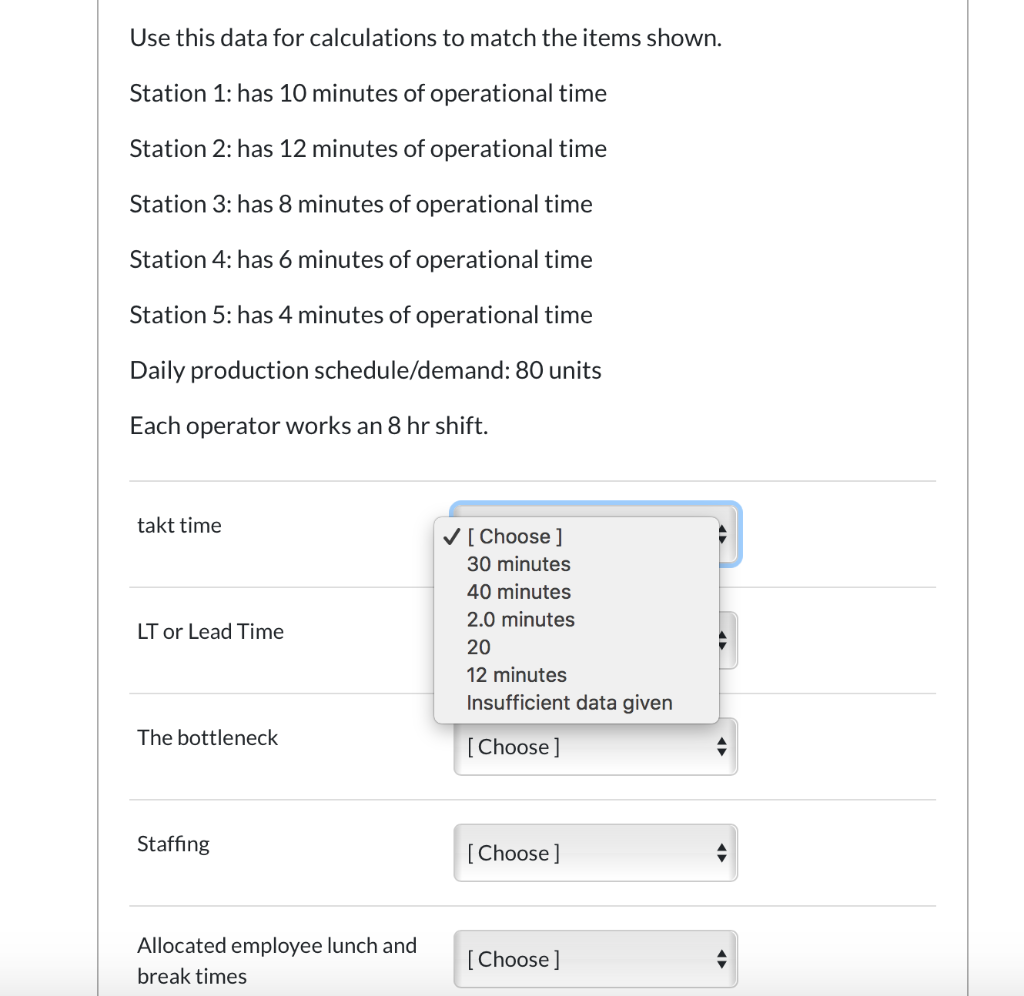 Use this data for calculations to match the items