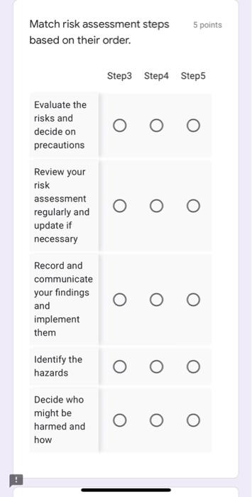 5 points Match risk assessment steps based on