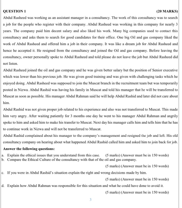 QUESTION 1 (20 MARKS) Abdul Rasheed was working