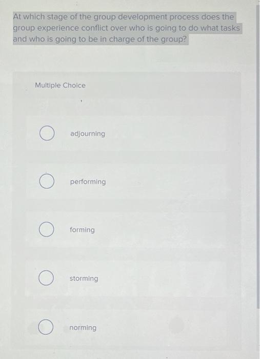 At which stage of the group development process