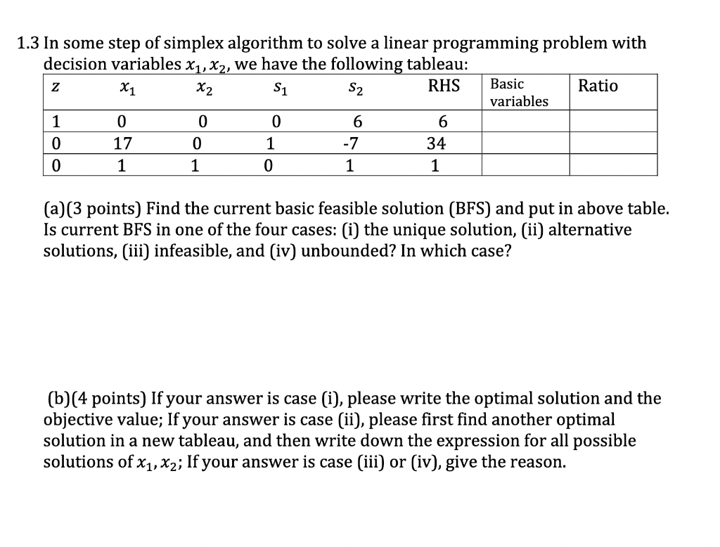 1.3 In some step of simplex algorithm to solve a