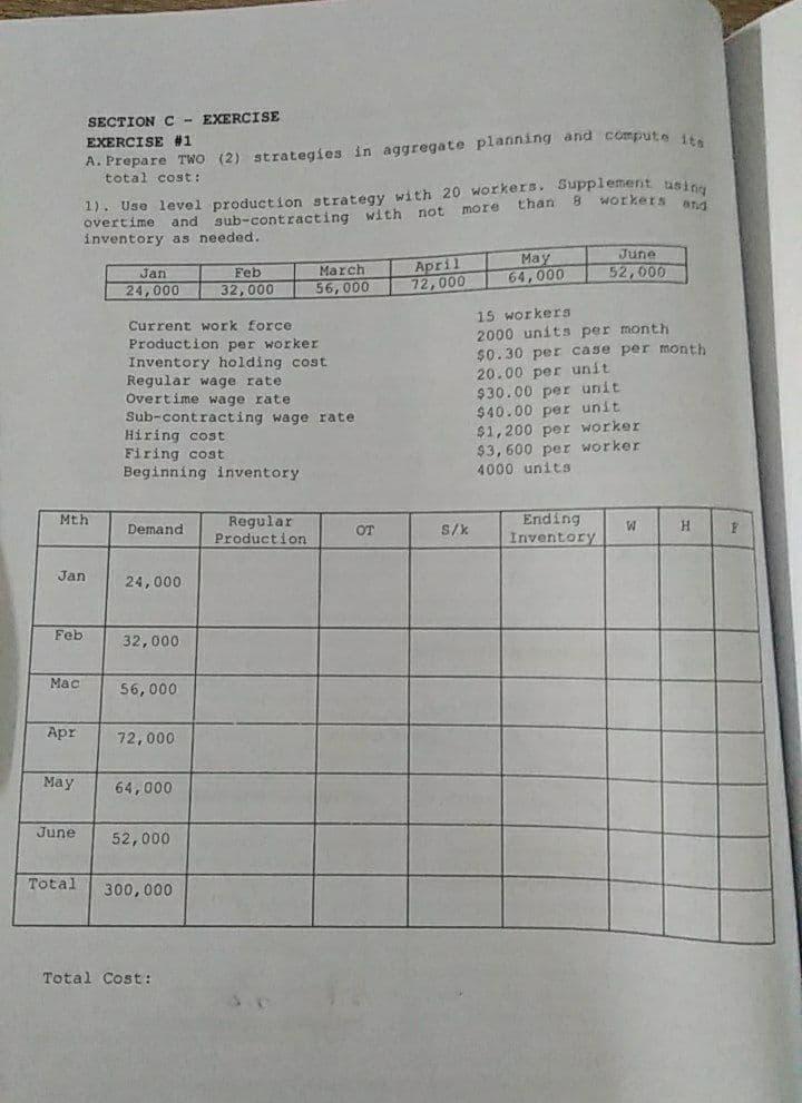 Aggregate Planning SECTION C - EXERCISE EXERCISE