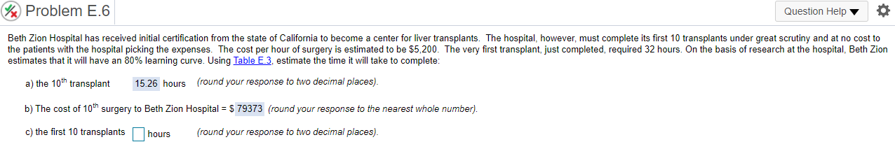 Problem E.6 Question Help o Beth Zion Hospital