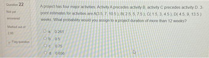 Question 22 Not yet A project has four major