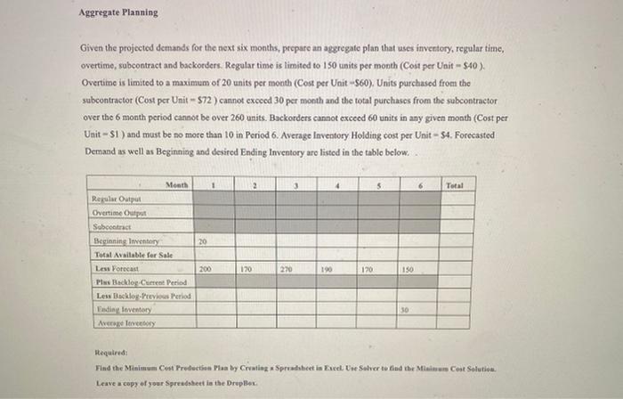 Aggregate Planning Given the projected demands