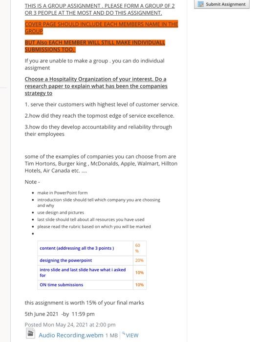 Submit Assignment THIS IS A GROUP ASSIGNMENT.