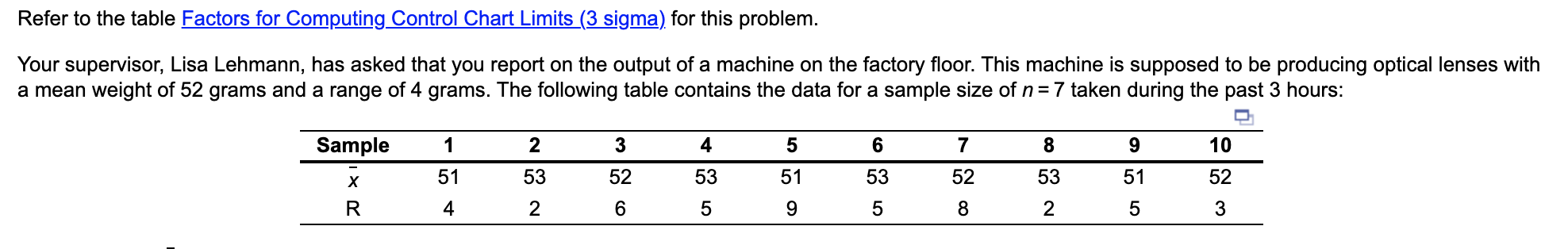Refer to the table Factors for Computing Control