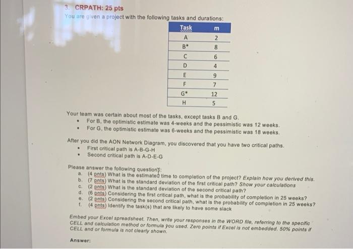 3. CRPATH: 25 pts You are given a project with