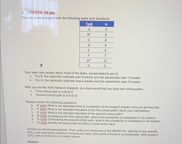 3. CRPATH: 25 pts You are given a project with