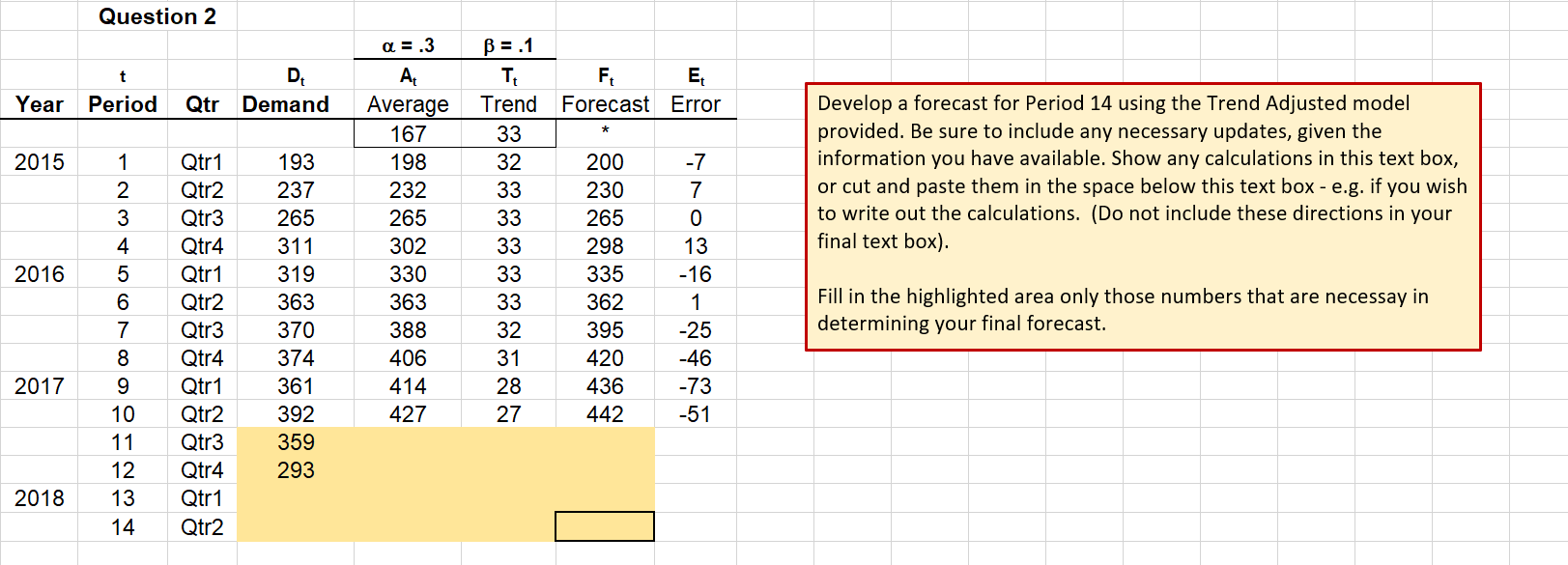 Question 2 a = .3 t D Demand Year Period Qtr 2015