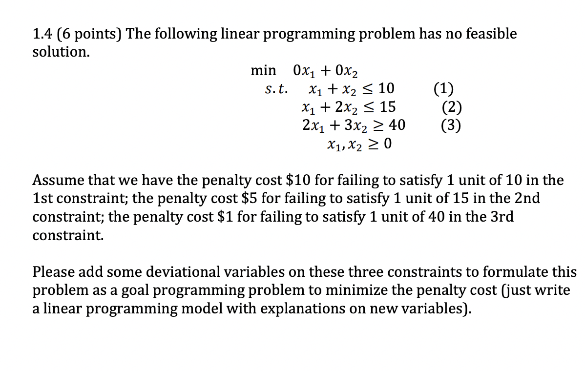 1.4 (6 points) The following linear programming
