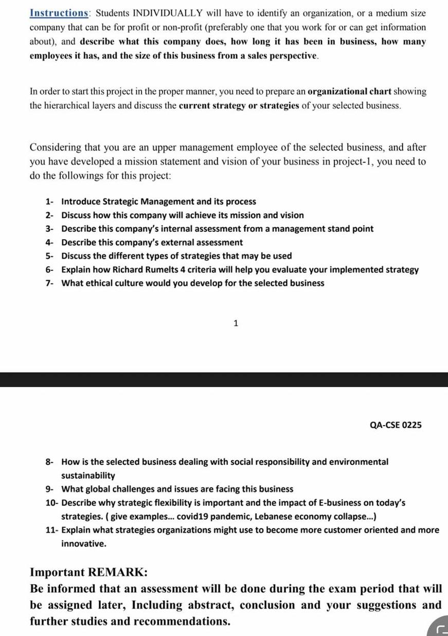 Instructions: Students INDIVIDUALLY will have to