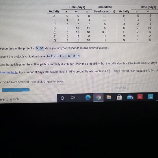 Time (days) Immediate Predecessor(s) Activity H a