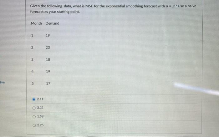 Given the following data, what is MSE for the