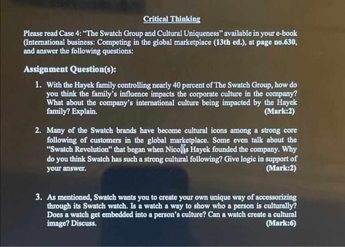 Critical Thinking Please read Case 4: "The Swatch