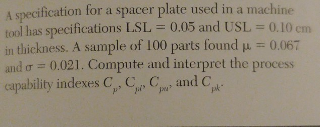 A specification for a spacer plate used in a