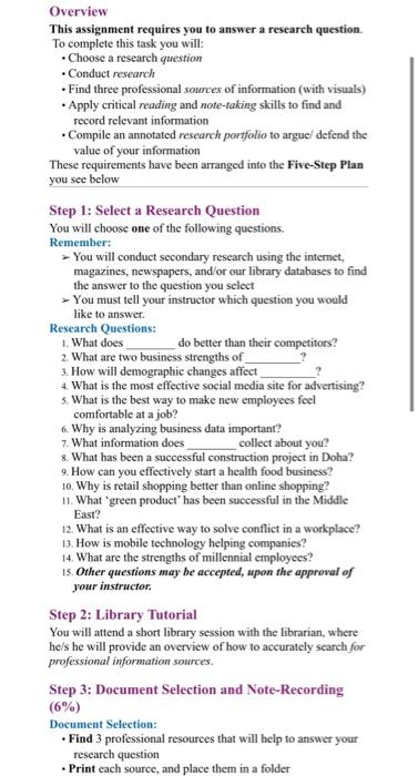 Overview This assignment requires you to answer a