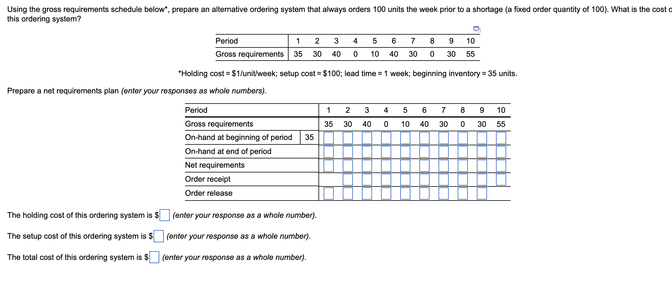 Holding cost =$1/ unit/week; setup cost =$100;